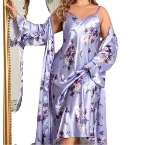 Vintage Set Lavender & White Floral Long Satin Nightgown & Robe Size Medium